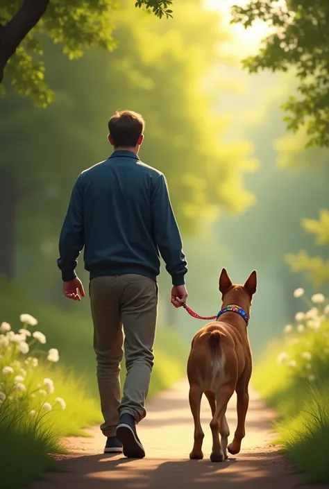 Back view of a man and a dog walking the dog being held by a very colorful collar