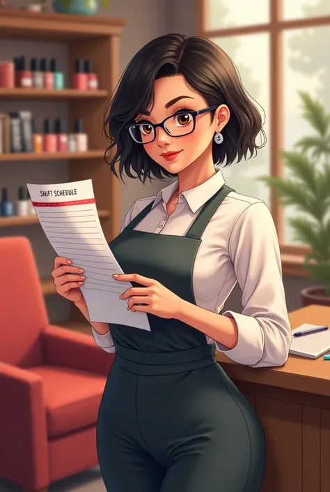 Chubby woman with short black hair, with eyeglasses, dark brown eye color, holding a shift schedule and with the other hand holding a pen, Background of a nail studio