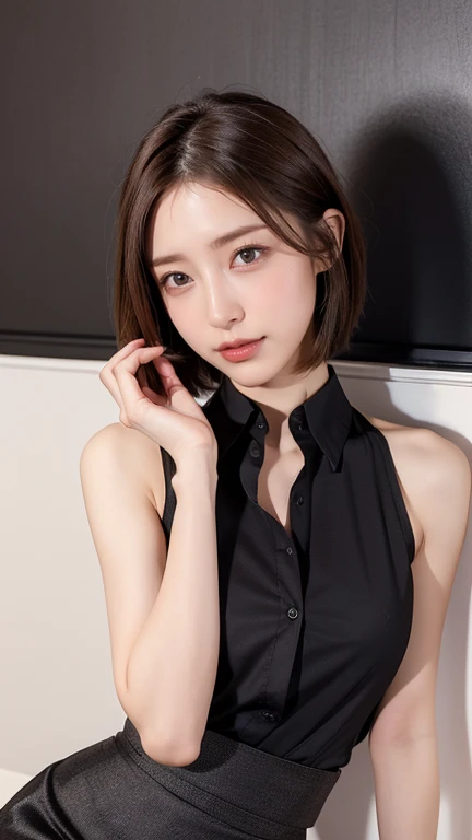  1 woman,32K, mature woman, Masterpiece,RAW photo, slim slender, is present, adult sex appeal,(Ultra short hair),( medium chest ), Japanese,Black Wall, collared shirt ,long skirt, beautiful skin, beautiful face, detailed face, detailed skin, full body,