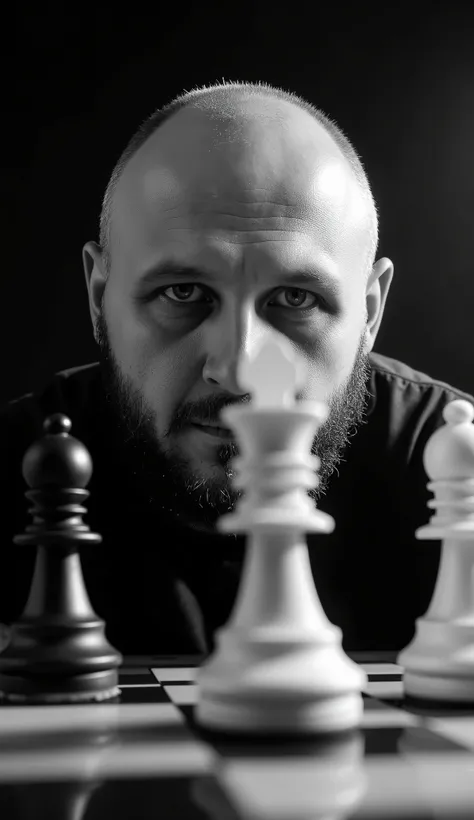 A dramatic, high-contrast chess portrait: half of the player’s face is visible behind the white king in the foreground, creating an intriguing composition. The black knight and rook loom in the background. The harsh side lighting creates deep shadows and b...