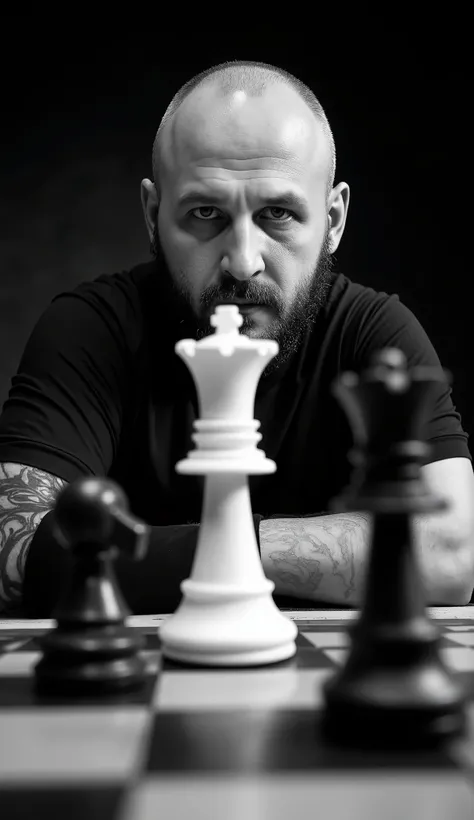 A dramatic, high-contrast chess portrait: half of the player’s face is visible behind the white king in the foreground, creating an intriguing composition. The black knight and rook loom in the background. The harsh side lighting creates deep shadows and b...