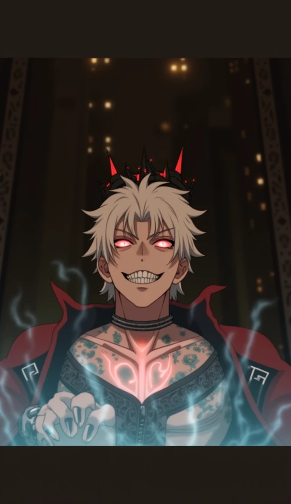  powerful, demonic anime-style character with white, messy hair and glowing red eyes, wearing a cracked, glowing black and red crown. The character has a sinister, sharp-toothed grin, exuding dark energy. His muscular upper body is covered in intricate tat...