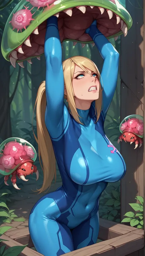 Natural Breast,
Dimly Lit,
(Zero suit samus) samus aran, (massive boobs), serous, clenched teeth, looking up, (bodysuit), standing, Metroid creature, arms up stuck,