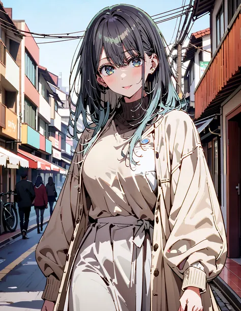  Akane Kurokawa,  long hair, bangs, blue eyes,Alone,  big breasts,   black hair,   blue hair , My hair color looks like 々,  gradient hair ,smile,blush, open their mouths, red scarf,White Down Coat , ( sweater :1.2),( turtleneck:1.2), long skirt ,rib tights...