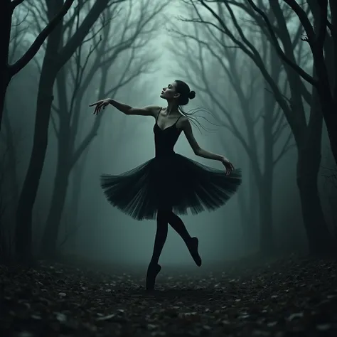 Ballerina dressed in Black ,  dancing and spinning in a dark forest with dry trees and gnarled dry branches 