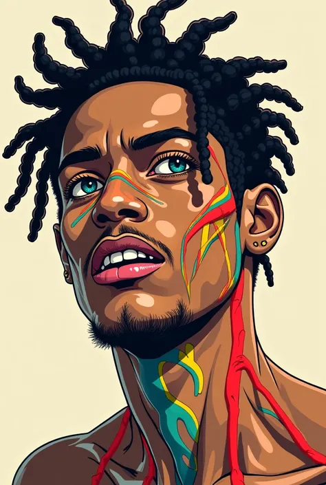  The image presents a stylized illustration of a man with light brown skin,  hair in carefully outlined braids ,  and multicolored details that run through his face and neck ,  representing colored veins in vibrant tones such as blue ,  red, yellow and gre...