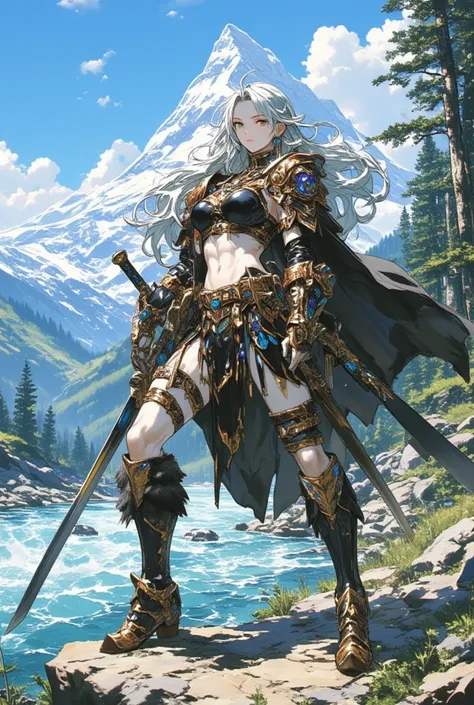 In a 1980s anime film style, illustrate a female warrior, pale skin, She has long white hair and green colored eyes, muscular body. She wears a black top with copper trim, a black pelvic curtain leaving her hips and legs bare, bare arms, bare midriff, bare...