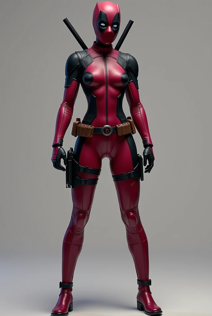  Create a costume for an antiheroine ,  a costume made of leather and dark red technological fabric,  with black details on the sides of the suit , on the feet and a bit on the chest ,  similar to the Deadpool costume .