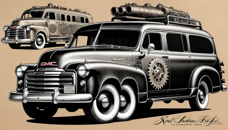 Steampunk style, monochrome drawing of cosmic black print 1952 GMC Suburban CarryAll, on kraft paper, Karl Kopinski,  highly detailed