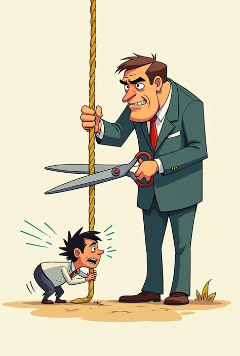 create a cartoon that portrays someone cutting a rope and a little guy crying below the big guy cutting 