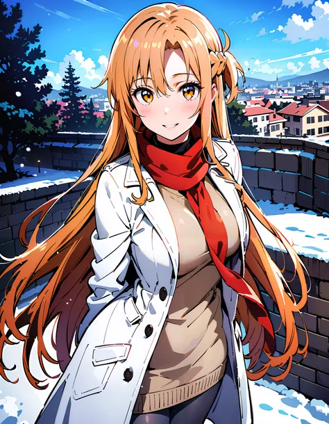 Asuna Yuki ,  long hair, bangs,Alone, monochrome,  braided, Hair, single  braided,Medium breast,smile,blush, open their mouths, red scarf,White Down Coat , ( sweater :1.2),( turtleneck:1.2), long skirt ,rib tights ,  grey pantyhose ,  boots, standing,snow,...