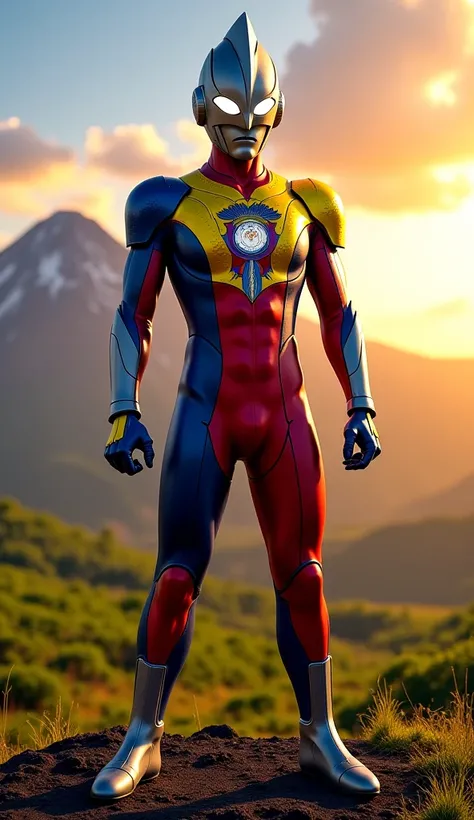 "A towering Ultraman with sleek armor inspired by the Ecuadorian flag (yellow, blue, and red), featuring a glowing Andean condor emblem on the chest and sun-like patterns on the shoulders. His helmet has a crest shaped like the peaks of the Andes. The Ultr...