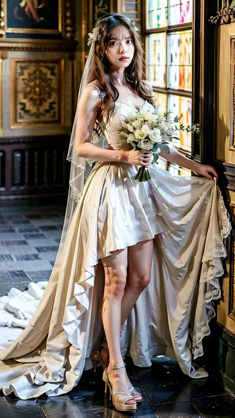 A beautiful young Japanese woman, 26 years old, with healthy thighs, beautiful legs, flawless skin, random hair color and style, large breasts, wearing a (wedding dress:1.3), (she is standing:1.2), full body shot, high heels, holding a bouquet in her hands...