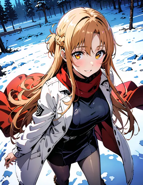 Asuna Yuki ,  long hair, bangs,Alone, monochrome,  braided, Hair,  brown eyes,single  braided,Medium breast,smile,blush, open their mouths, red scarf,White Down Coat , ( sweater :1.2),( turtleneck:1.2), long skirt ,rib tights ,  grey pantyhose ,  boots, st...