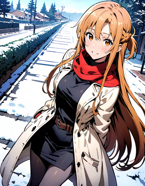 Asuna Yuki ,  long hair, bangs,Alone, monochrome,  braided, Hair,  brown eyes,single  braided,Medium breast,smile,blush, open their mouths, red scarf,White Down Coat , ( sweater :1.2),( turtleneck:1.2), long skirt ,rib tights ,  grey pantyhose ,  boots, st...