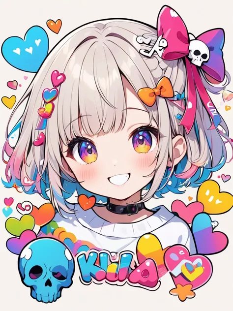 Ultra-realistic 森倉円 style, Simple line acronym abstract art, kawaii design,  Skull , Cute ribbon, colorful hearts, best smile