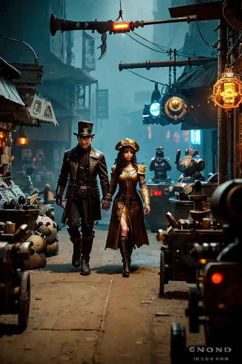 arafed image of a man and a woman walking in front of a group of robots, grimdark steampunk fantasy, ps 4 in - game cinematic, character with a hat, a horned, wasteland, official splash art, “pig, the gunslinger, gray wasteland, swarm, heavy white and gold...