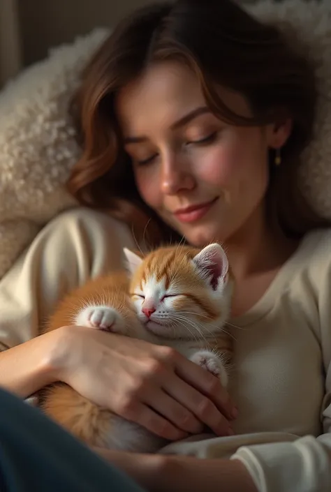 Cuddly kitten with blue eyes on a woman's lap