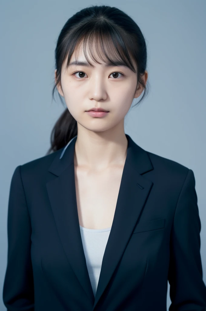  Japanese,28-year-old woman, black suit, hair tied at the back ,Straight bangs,No makeup,No smiles,Pale skin,Blue bag , ID photo, dusk ward background , facing the front