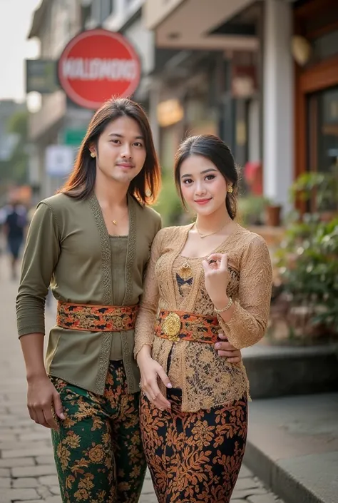 Professional Fullbody Photography featuring a 20-year-old Korean handsome man,long hair and a 20-year-old Indonesian beautiful woman,  who wears fancy brown batik clothes is posing a focused view of the foreground ,  with a charming smile , dinner in front...