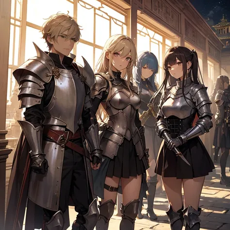 A group of  female knights, (in temple), various hair styles, harem, wearing armored clothes, metal armor, night, details face, short skirt, seducing, sword, sleeveless 