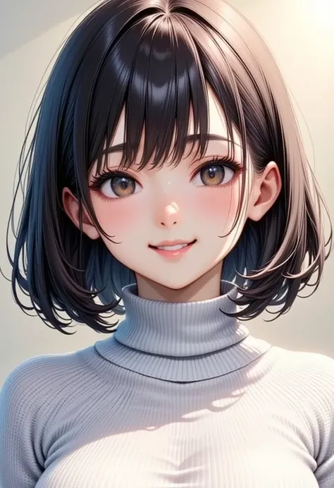 Black-haired beauty"Haruna" , Face direction:She looks down diagonally and smiles , What Yu can see ,clothing: wearing a white turtleneck sweater and dark gray skirt ,  bust up