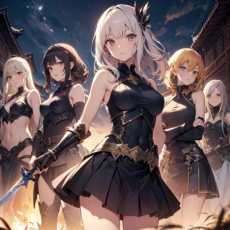 A group of  female knights, (in temple), various hair styles, harem, wearing armored clothes, metal armor, night, details face, short skirt, seducing, sword, sleeveless 