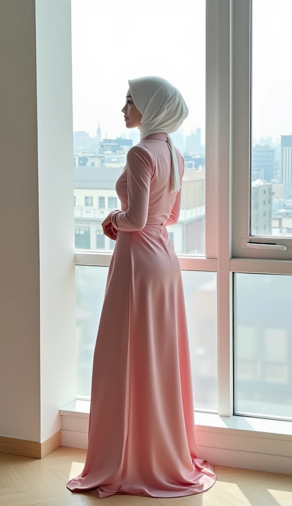  an office lady,  standing by the window,  Using a long Muslim dress to the toe of pink satin material,  uses a hijab covering her hair and neck in white