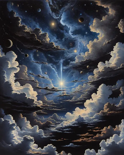 Irresistible Grace of God, black space sky, ornaments, ornamented clouds, clouds