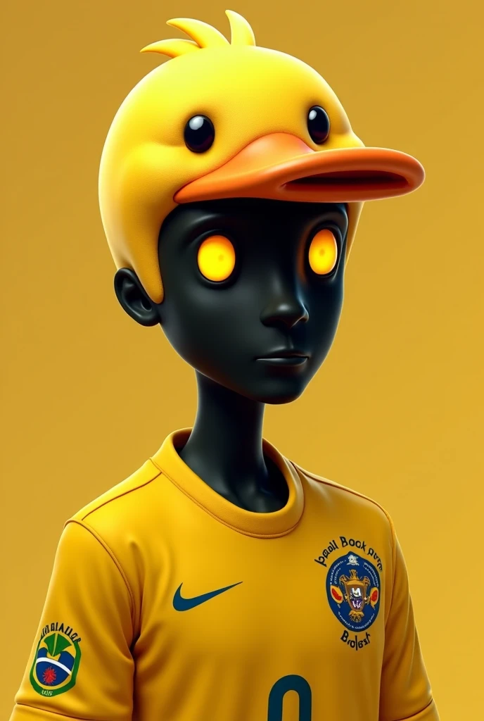 I want a male character, I want his Cacabesa to be a yellow duck campus in the part inside the campus where his face is located I want it to be black and the eyes to be yellow. On the part of the shirt I want it to be from Brazil in yellow .  and behind th...