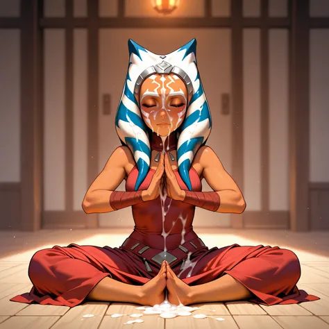 ahsoka tano, meditation pose, closed eyes, covered in cum, facial, cum on face, cum on body