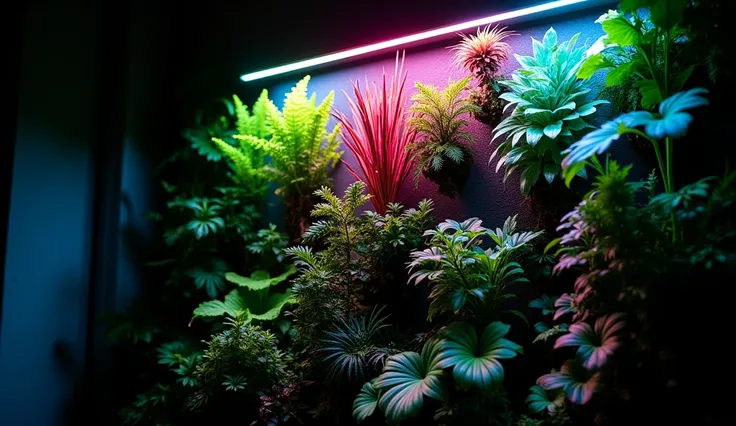  An indoor vertical garden in a dark environment ,  illuminated by full-spectrum LED lights that mimic sunlight .  The plants , such as ferns ,  philodendrons and succulents , are green and vibrant ,  growing under the pink and bluish lighting of the .  Th...