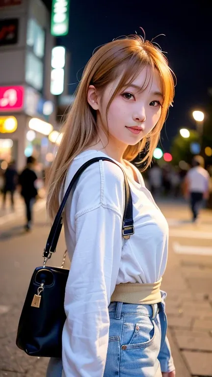  1 girl, tokyo street,  knight ,  cityscape , city lights , upper body,close-up,smile,, (8k,  RAW photos in the loop,  top quality,  Masterpiece:1.2),( is present, photo- is present:1.37),