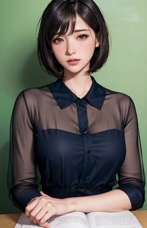 female student   , navy colored clothing 、bob cut
((( Masterpiece))), ((  top quality)), (( 複雑な Details)), ((  super realistic realism )), ,  mature woman,   mature woman,   see through,    high definition  , illustration, 1人の mature woman,    perfect hand...