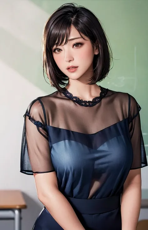 female student   , navy colored clothing 、bob cut
((( Masterpiece))), ((  top quality)), (( 複雑な Details)), ((  super realistic realism )), ,  mature woman,   mature woman,   see through,    high definition  , illustration, 1人の mature woman,    perfect hand...