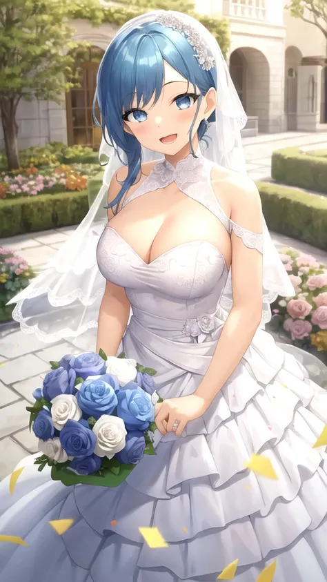 masterpiece, best quality, high quality, girl, solo, looking at viewer, makio_tanihara, blue hair, blue eyes, large breasts, wedding Dress, standing, garden, confetti, holding bouquet, smile, open mouth 