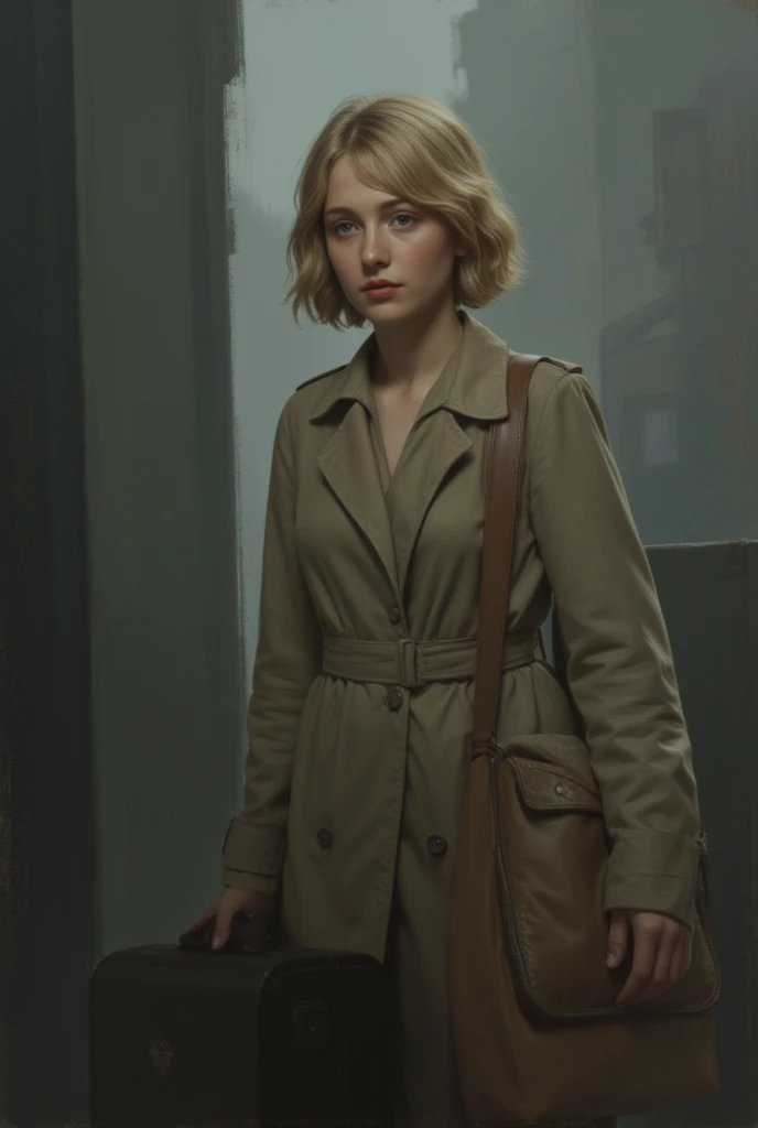 Pretty blonde, short hair, wearing a trenchcoat, carrying a large suitcase, melancholic