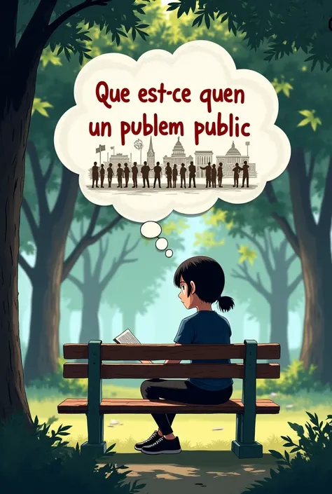 Une personne est assise sur un banc dans un parc, entourée d'arbres et de verdure. Elle a l'air pensive, un livre ouvert sur ses genoux. Au-dessus de sa tête, une bulle de pensée apparaît avec la phrase : "Qu'est-ce qu'un problème public ?". Dans la bulle,...