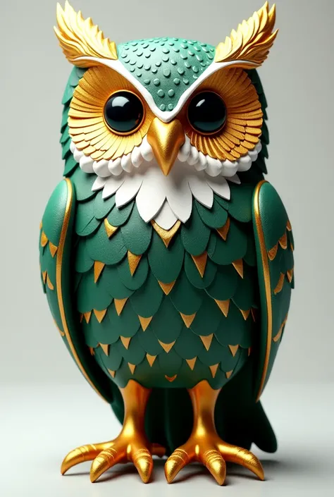 A luxurious and elegant owl designed with a combination of gold, deep green (#10443E), and white (#F4F4F4). The owl's feathers have intricate golden details, symbolizing wisdom and prestige. The deep green adds a touch of health and vitality, while the whi...