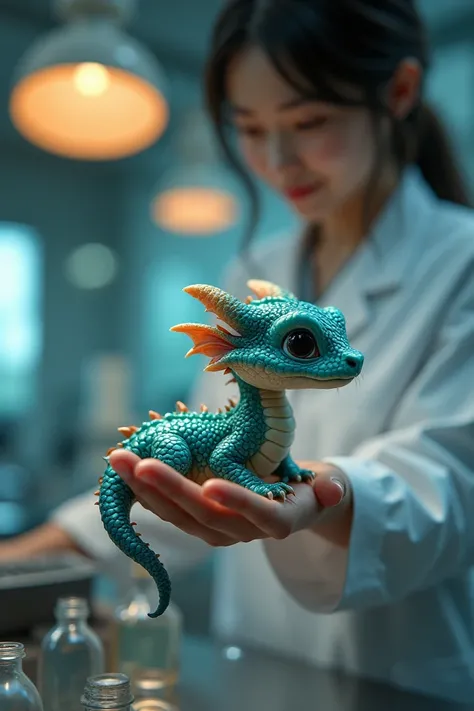 Realistic baby dragon in the hand of a Chinese scientist