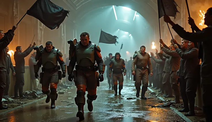 A **close-up shot** captures a **group of rebels walking through the destroyed corridors of the H.A.P.S. prison,** their **gray makeshift armor with orange plating** covered in soot and battle grime. Their expressions are **worn but victorious**, their **b...