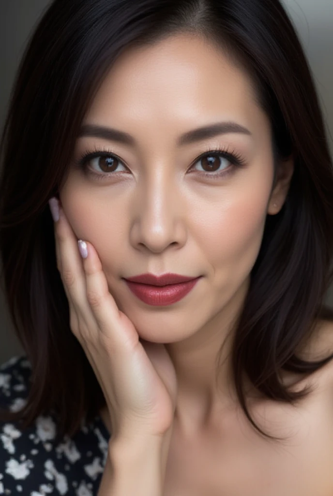 Face jewelry as an accent、Close-up portrait of a 52-year-old Japanese woman with futuristic makeup。Silver and gold lines along the cheekbones、Add a three-dimensional shine。Eye makeup in a dark navy and silver gradient、Lipstick in matte wine red。Hair in a t...