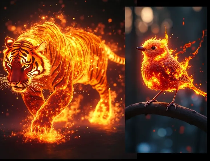 tiger and bird side by side, no divisory, they are in the same ambient