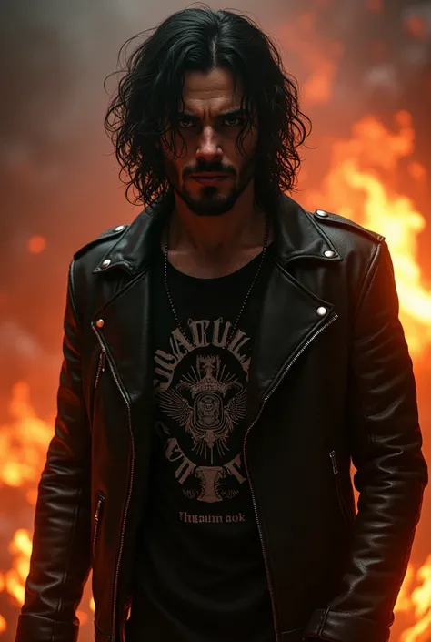 dark eyed, pale man with a heart-shaped face and long, dark curly hair and stubble
Leather jacket and band teeshirt
Hell background
