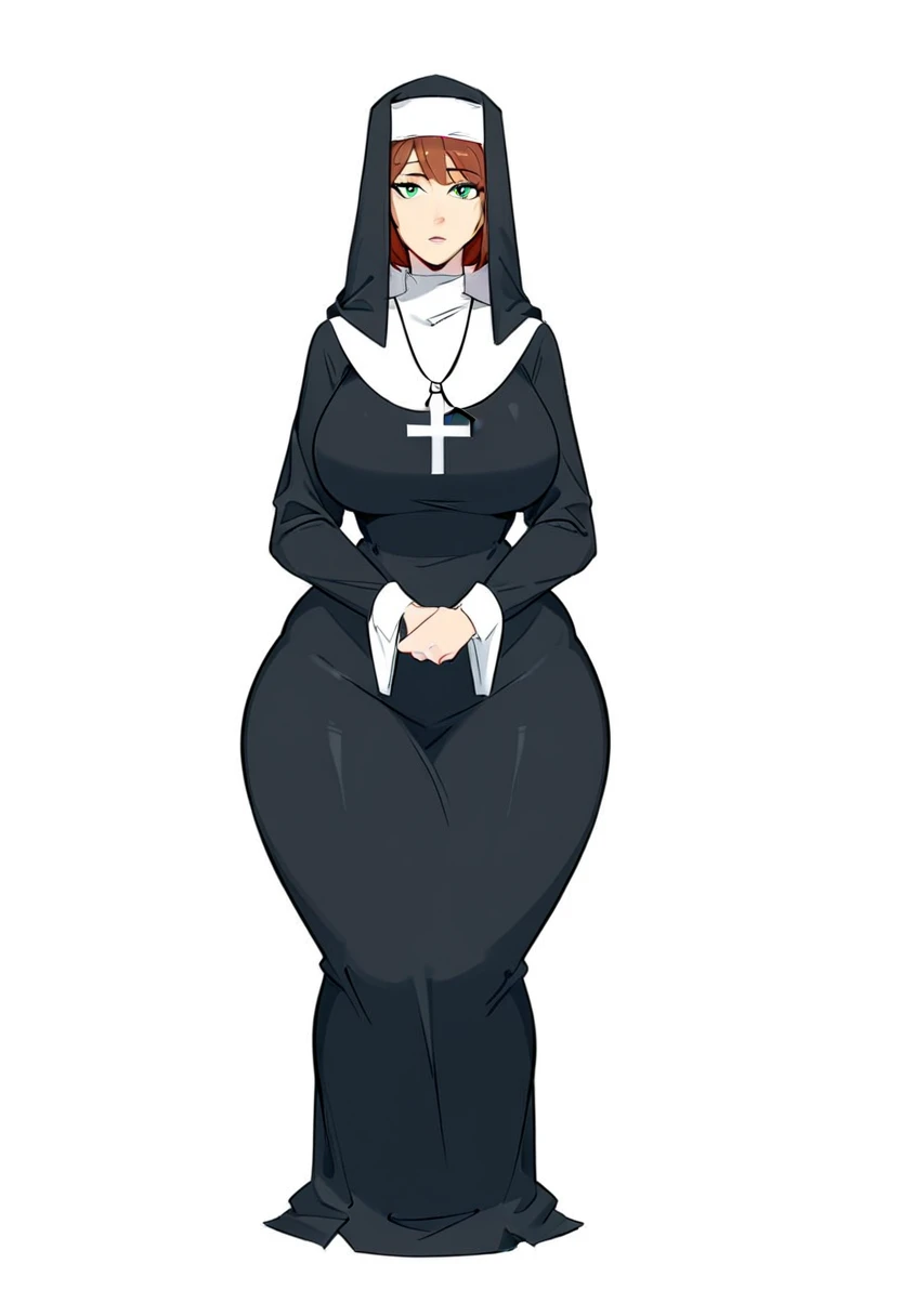 (score_9,score_8_up,score_7_up), 1girl, solo, plain white background, standing, entire body shown, Nun outfit, facing forward, hair covered, fair skin, wide hips,fementweak,thick thighs, wide hips, curvy, voluptuous, plump, narrow shoulders, thin arms, bot...