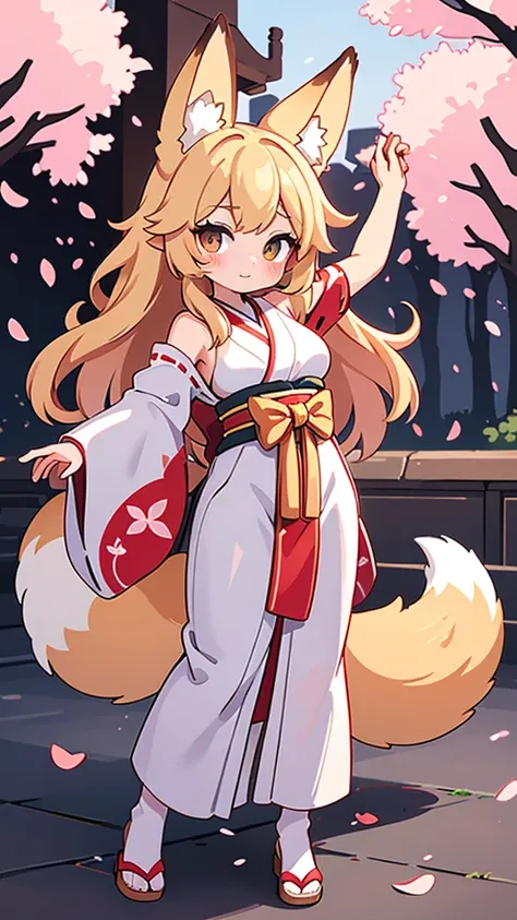 8k ⒉5D Japanese comic character style. Background of cherry blossom petals falling. Illustration of a beautiful girl with a big fox-eared fox beast. The beautiful girl is wearing gold long wave hair and nine tails, wearing a fantastic white and gold miko c...