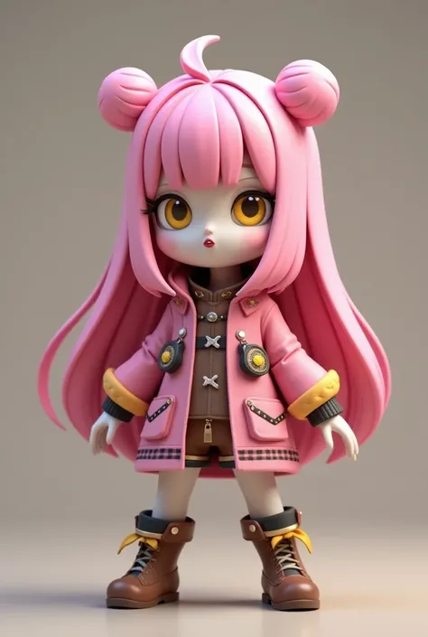  High quality cutlery,  8k Ultra HD , design, creative,  A girl with white skin , straight and pink hair,  outfit with two bumps on the head,  yellow eyes, A cute pink outfit, brown, with yellow black and white details,  workshop in a dynamic pose  