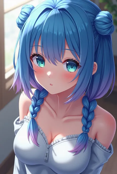 Masterpiece, highly detailed. Short medium shot of a girl with short hair and two braids, vibrant blue hair with soft lilac highlights. Her right eye is bright cyan, and her left eye is a soft light green. She has large breasts, size D, and the image is ta...