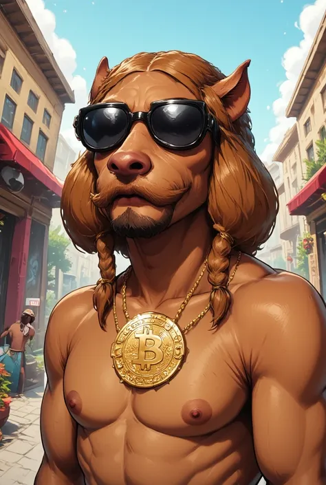 Create Snoopdog for me in a dog cartoon style, With the necklace in the shape of bitcoin