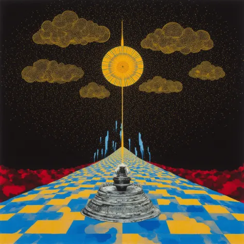 Irresistible Grace of God, black space sky, ornaments, ornamented clouds, clouds, lands, entity, silver armored knight at the black universe space void, golden full of ornaments, red and blue artwork with abstract stripes interventions, big queue seen by f...